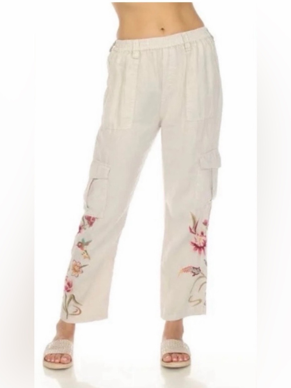 Johnny Was Women’s Stone White Embroidered Cargo Pants, Size Medium